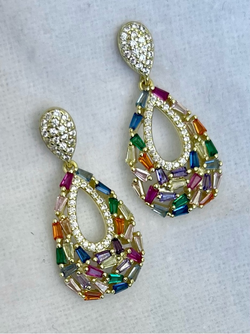 Genevive 14k Gold over Silver Multicolor Teardrop Crystal Drop Earrings